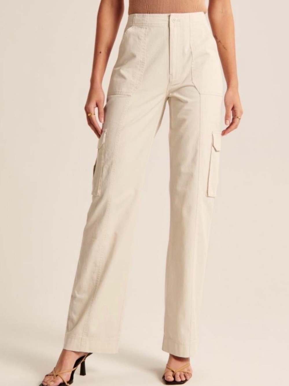 Abercrombie High Rise Baggy Cargo Pants Cream Relaxed Fit Utility Size 12 31